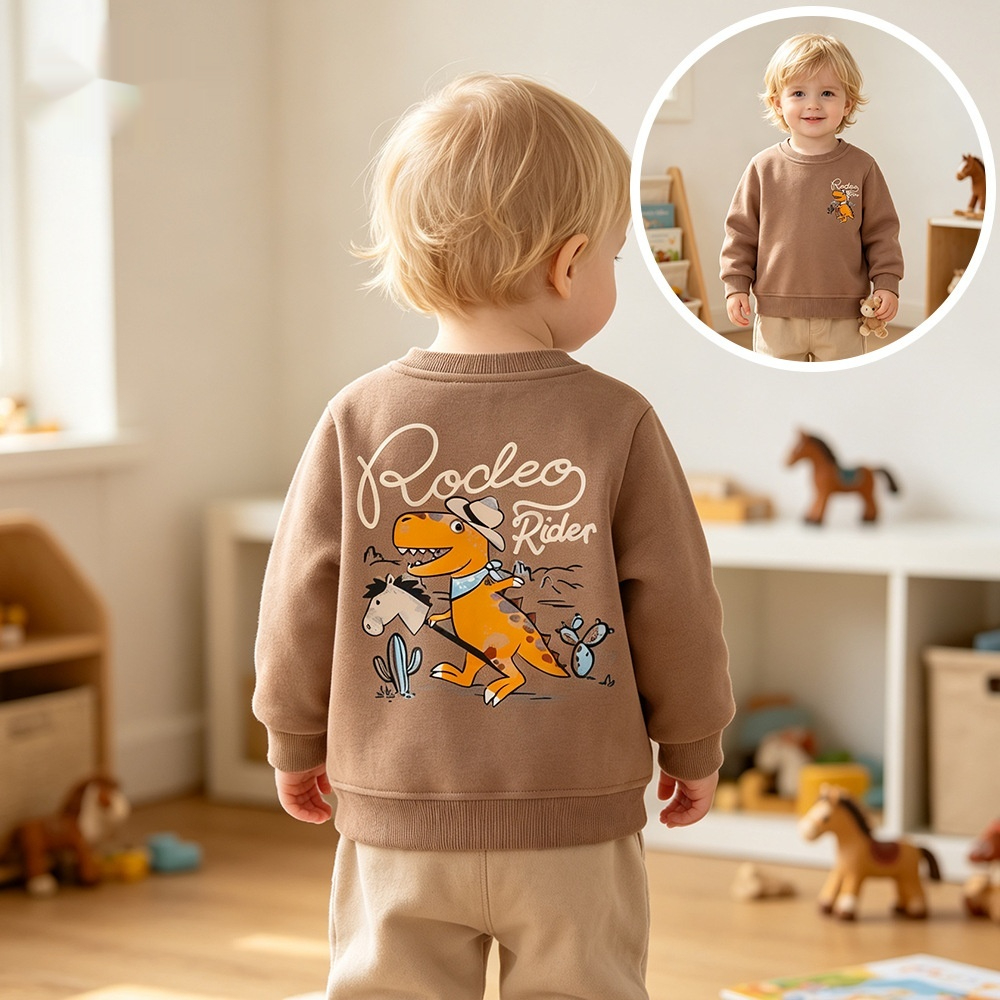 Kids Crew-Neck Cartoon Hoodie With Desert Dinosaur Print