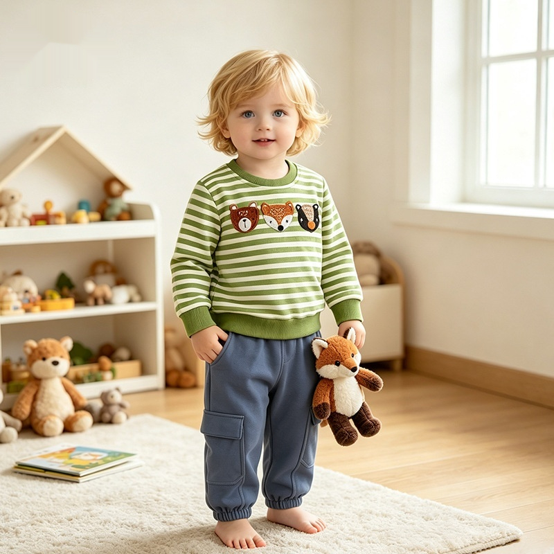 Childrens Striped Animal-Embroidered Sweatshirt Set
