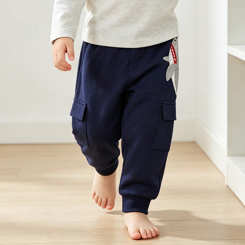 Boys Cotton Blend Cartoon Shark Embroidered Sports Pants - Casual Loose Fit Joggers for…