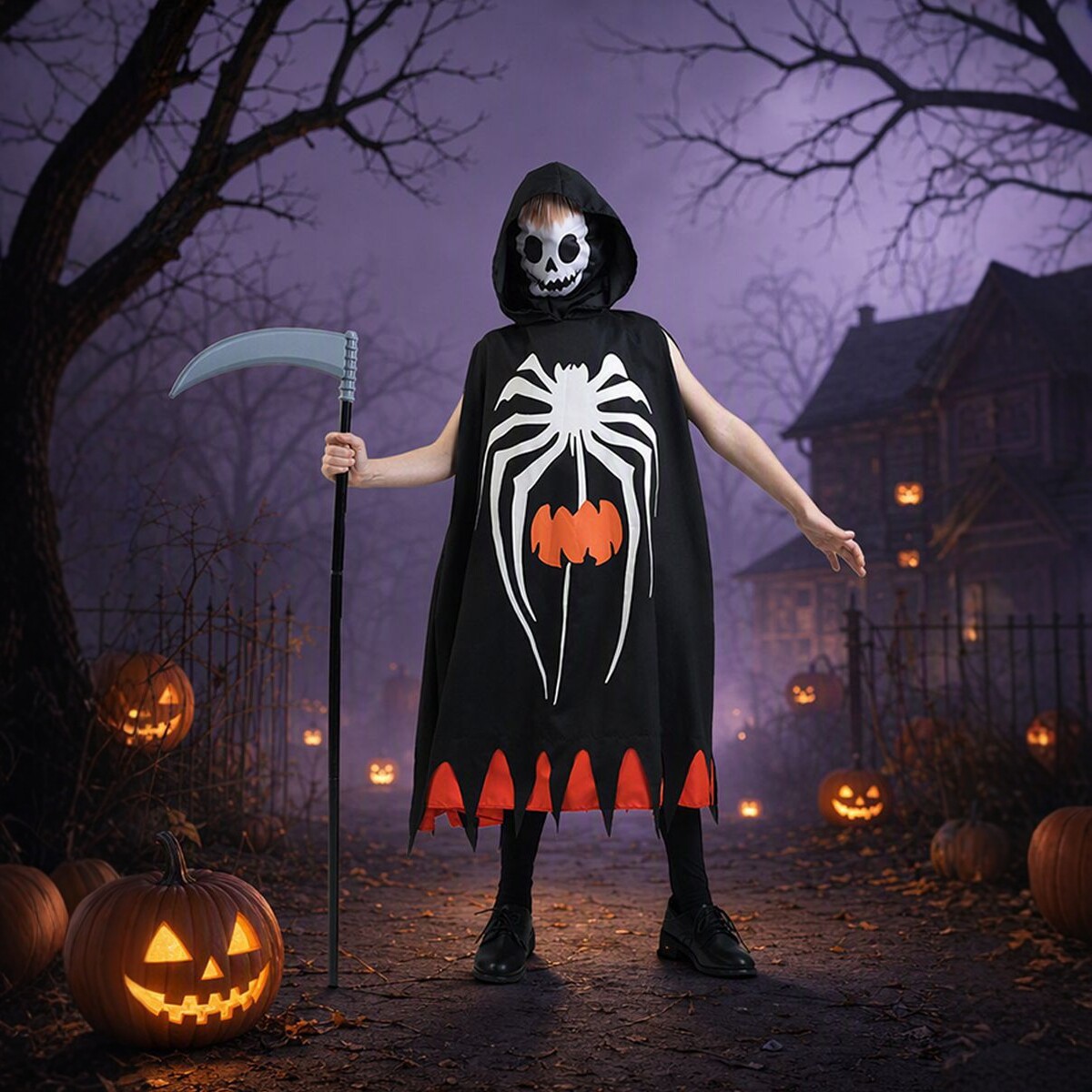 Halloween Party Costume Kids Cloak Pumpkin Spiderweb Skull Ghost Monster Cape