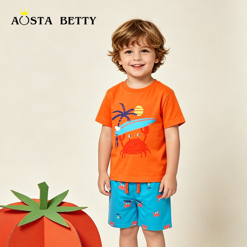 Fashionable Printed Crew-Neck Short-Sleeve Set For Boys