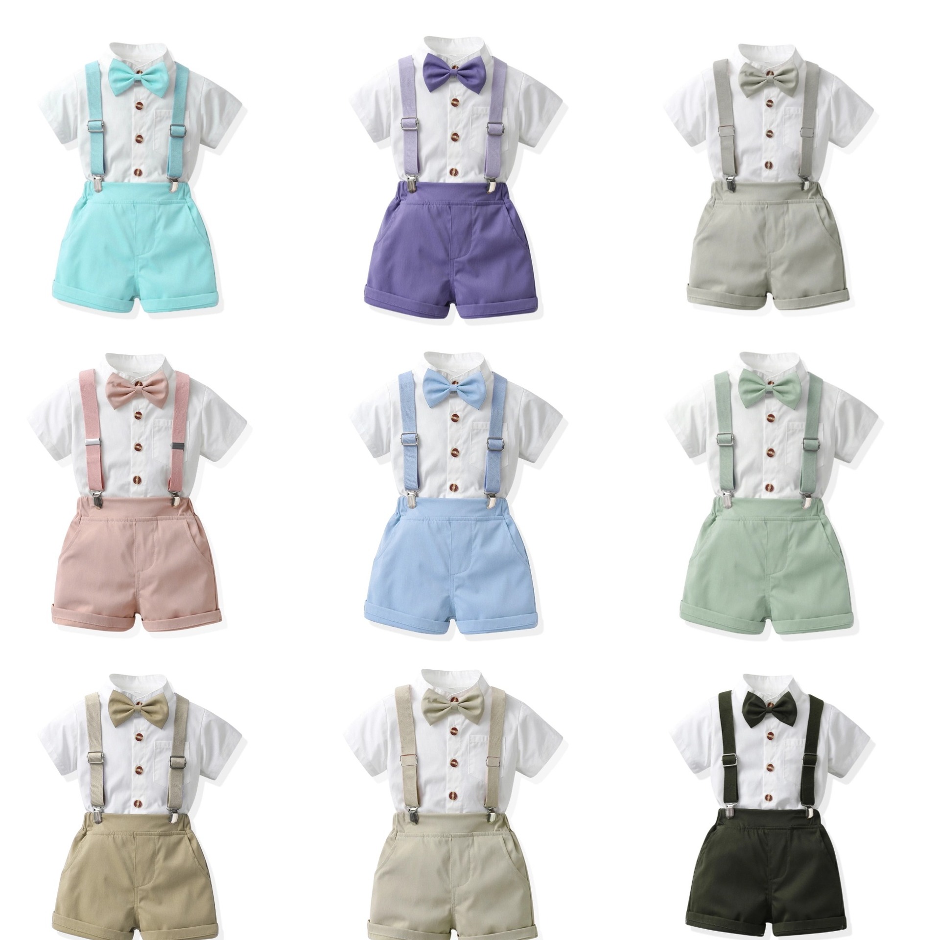 Boys Candy-Colored Stand-Neck Short-Sleeve Suspender Pants Set