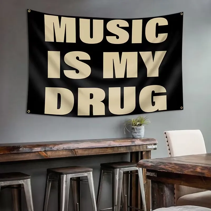 1PC  Music Is My Drug quote tapestry, designed for music lovers, features a minimalist black and brown font, adding a trendy de photo 4