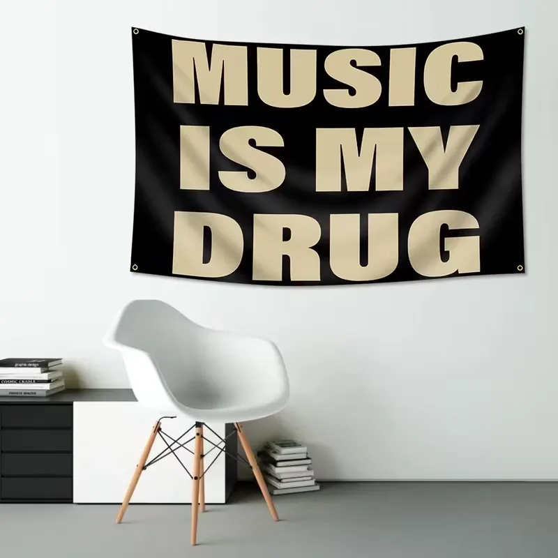 1PC  Music Is My Drug quote tapestry, designed for music lovers, features a minimalist black and brown font, adding a trendy de photo 5