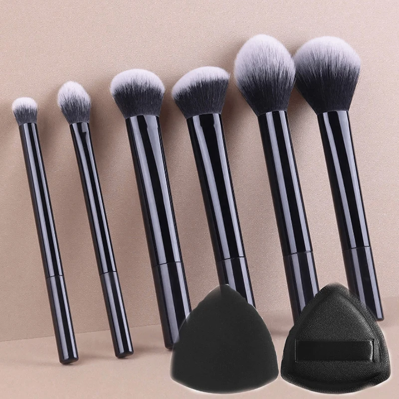 8-piece high-end black makeup brush set + sponge that doesn't cake powder, beauty tool combo photo 1