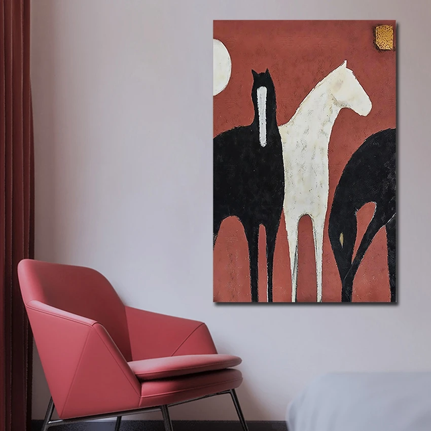 Black and White Horse Handmade Abstract Animal Picture Oil Painting On Canvas Handmade Painted Home Decor Artwork Frameless photo 5