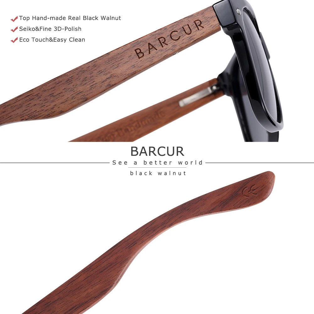 BARCUR Black Walnut Wood Sunglasses for Man Polarized High Quality Sqare Sun Glasses Men UV400 Eyewear Accessory Original Box photo 4