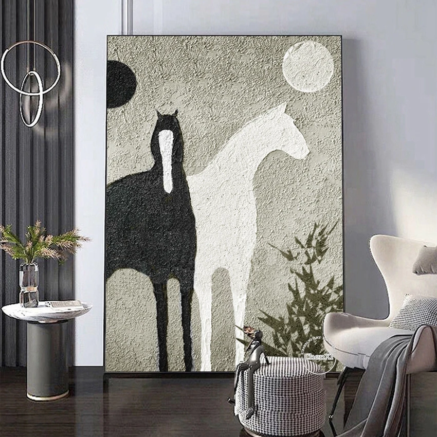Black and White Horse Handmade Abstract Animal Picture Oil Painting On Canvas Handmade Painted Home Decor Artwork Frameless photo 1