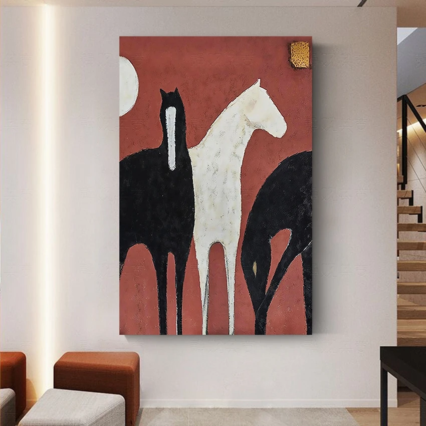 Black and White Horse Handmade Abstract Animal Picture Oil Painting On Canvas Handmade Painted Home Decor Artwork Frameless photo 4