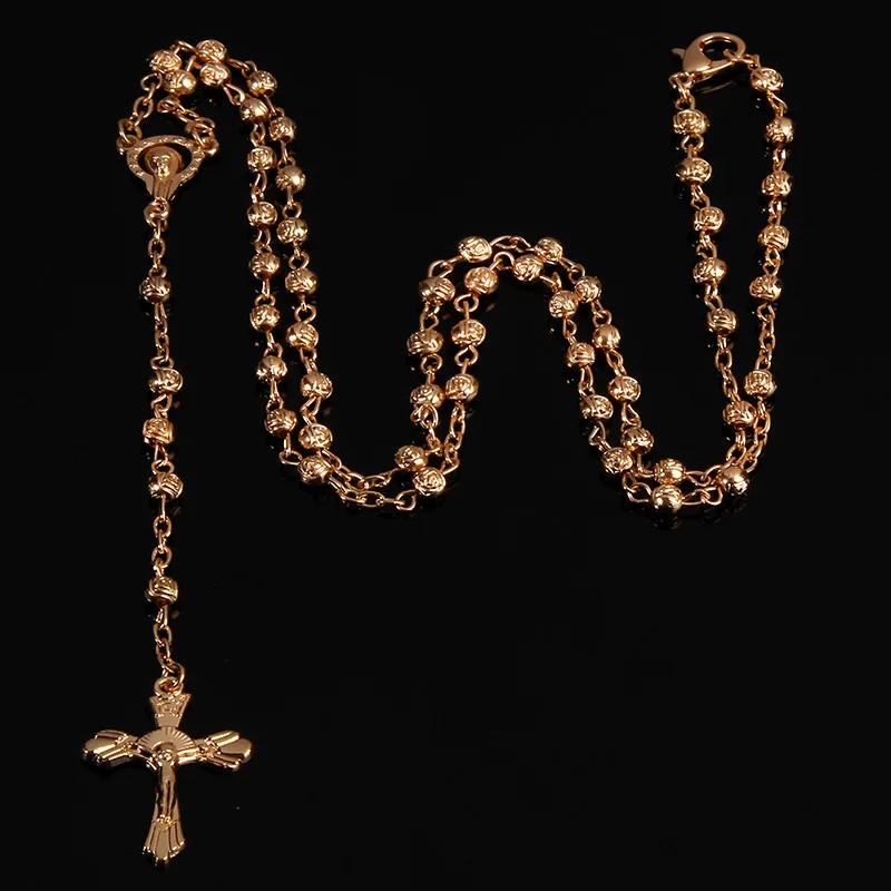 4mm stainless steel bead necklace, vintage gold rosary small necklace, female necklace Jesus cross necklace. photo 5