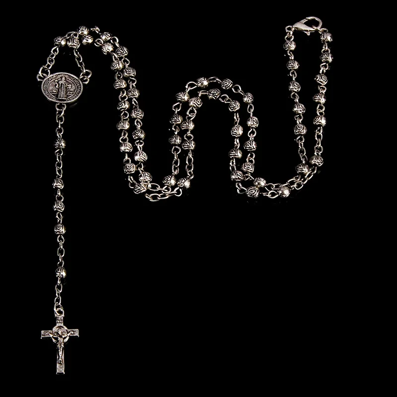 4mm stainless steel bead necklace, vintage gold rosary small necklace, female necklace Jesus cross necklace. photo 1