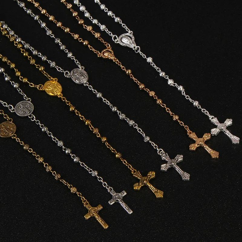 4mm stainless steel bead necklace, vintage gold rosary small necklace, female necklace Jesus cross necklace. photo 2