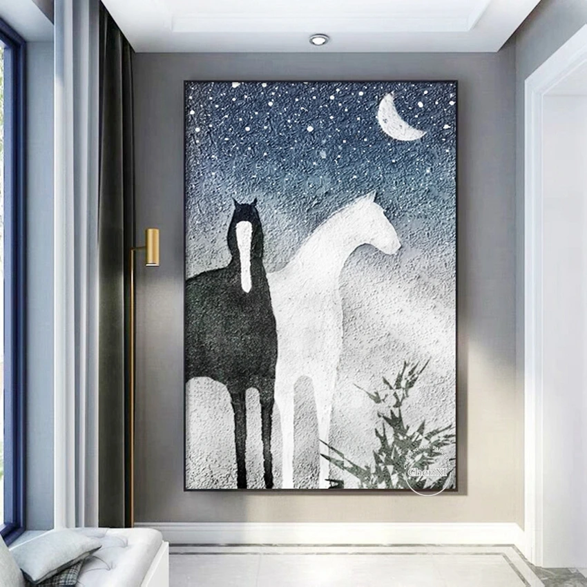Black and White Horse Handmade Abstract Animal Picture Oil Painting On Canvas Handmade Painted Home Decor Artwork Frameless photo 3