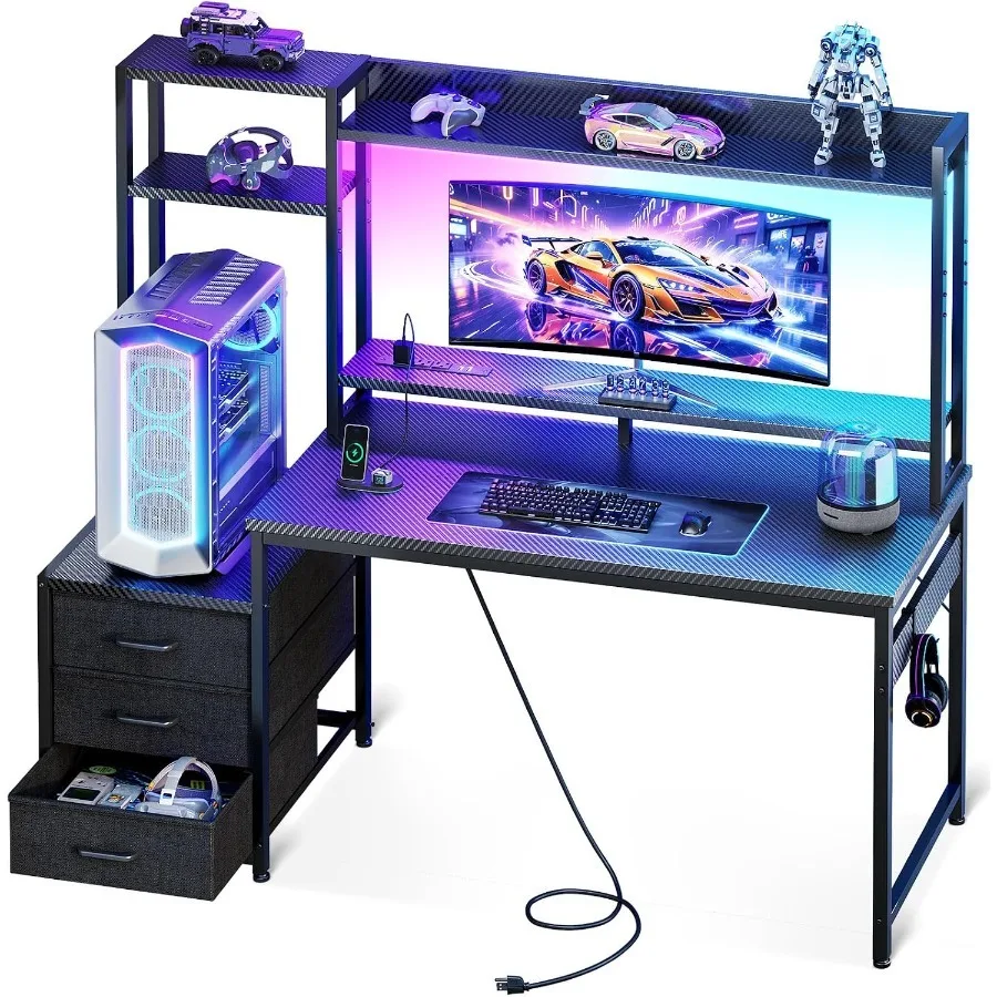 Gaming Desk with Shelves and 3 Drawers and LED Light and Hutch photo 1