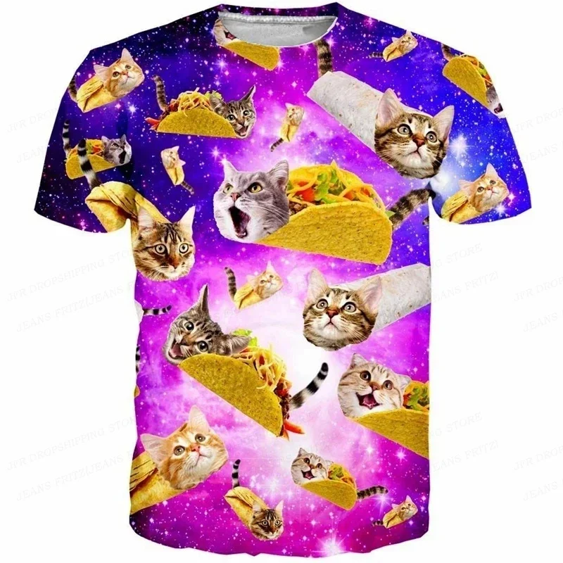 3D Printed Funny Cat T Shirt For Men Animal Food Pattern Tees Summer Street Oversize Short Sleeve Tops Loose Round Neck T-Shirts photo 2