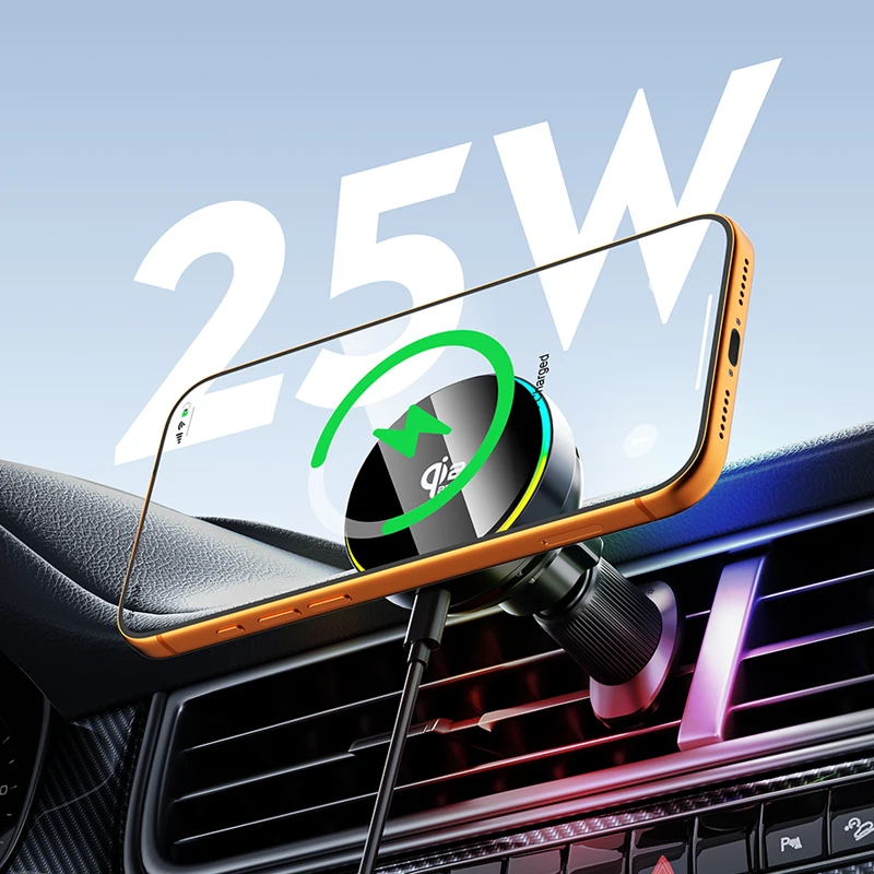 Qi2.2 25W Car Magnetic Wireless Charger Stand RGB Light Air-Cooling Phone Holder For Magsafe iPhone 17 Pro Max Samsung S26 Ultra photo 2