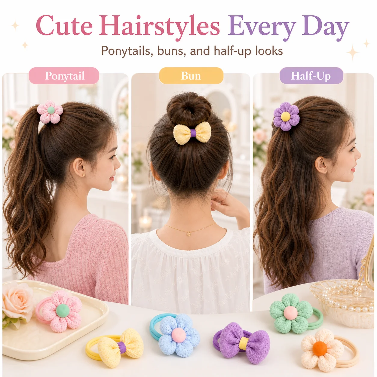 12PCS New Cut Hair Ties Princess Sweet Flower Bow Girls Women Elastic Hair Bands Hair Accessories Headwear Scrunchies 2030 photo 3