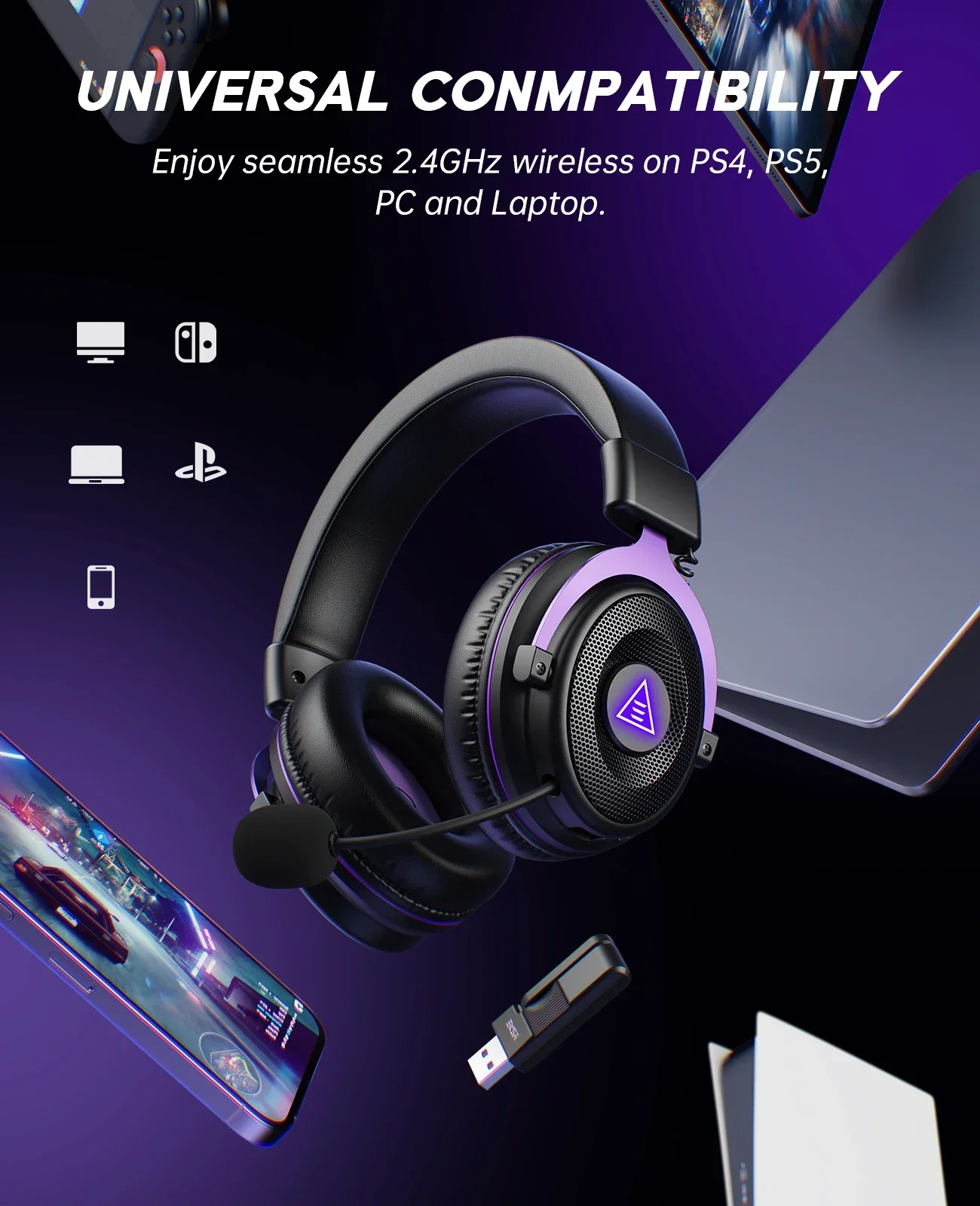 Oneodio EKSA E900 WT 2.4G Wireless Gaming Headset Tri-Mode Over Ear Bluetooth Headphones Gamer With Mic RGB For PC PS4 PS5 80Hr photo 6