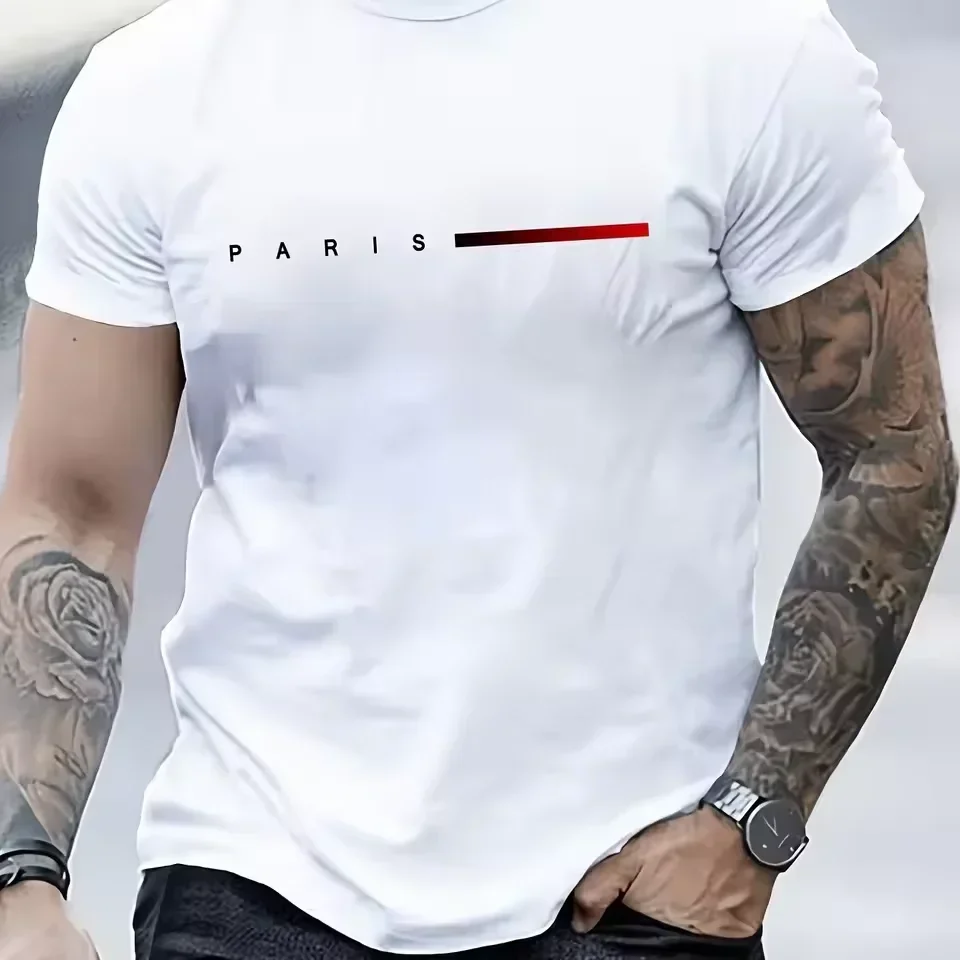 Men's 100% Cotton Summer Loose PARIS Creative Letter Print Casual Slim Fit Round Neck Short Sleeved T-shirt Top photo 2