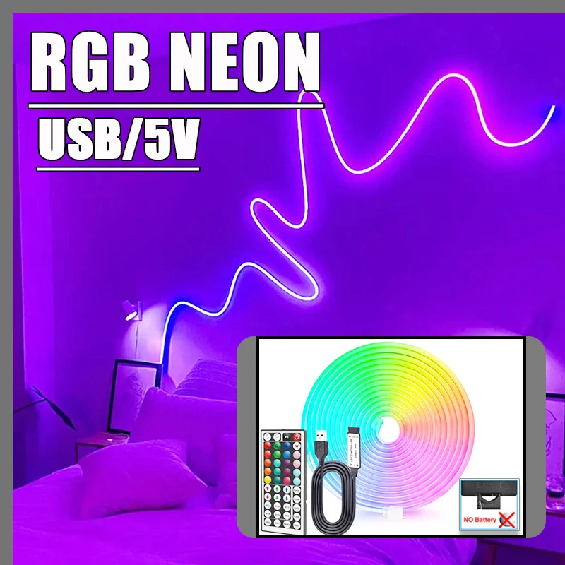 RGB LED Neon Strip Lights with 44Keys IR Remote Control, 5V USB Flexible Neon Rope Lights, Multi-Color Mode Led Neon Light photo 2