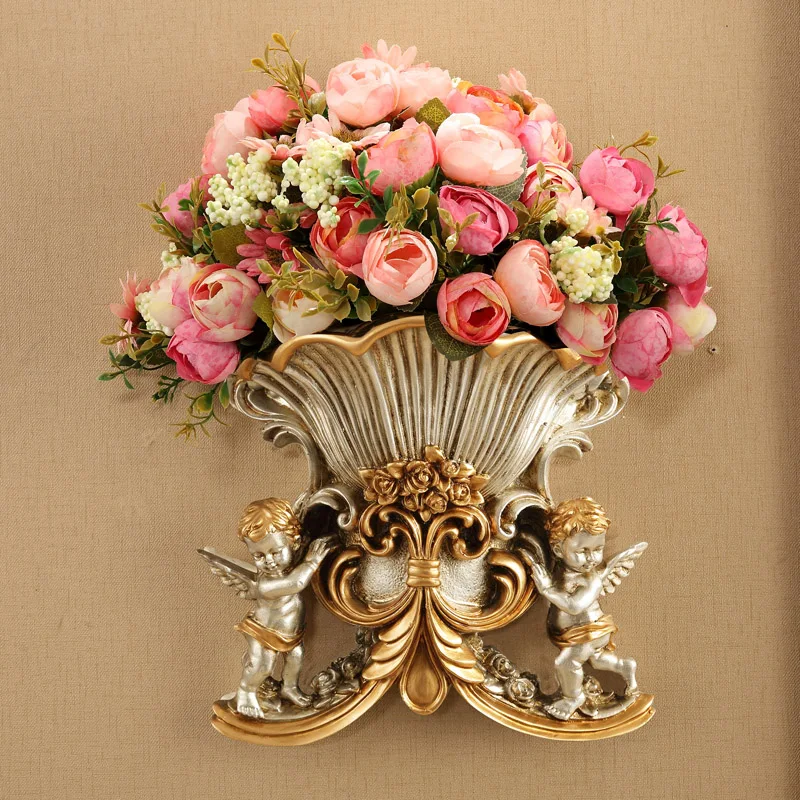 European Wall Hanging Double Angel Vase+Artificial Flower Home Background Wall Mural Resin Crafts Decoration Wall Ornament Decor photo 2