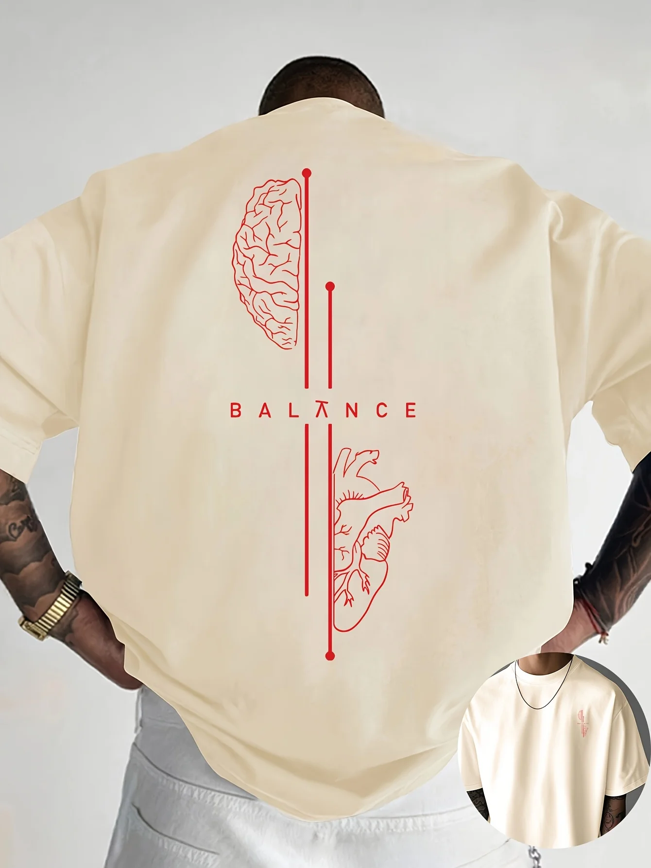Brain and Heart Line Art Graphic Print 100% Cotton Mens T Shirt for Summer Streetwear Has A Sleek Minimalist Modern Aesthetic photo 3