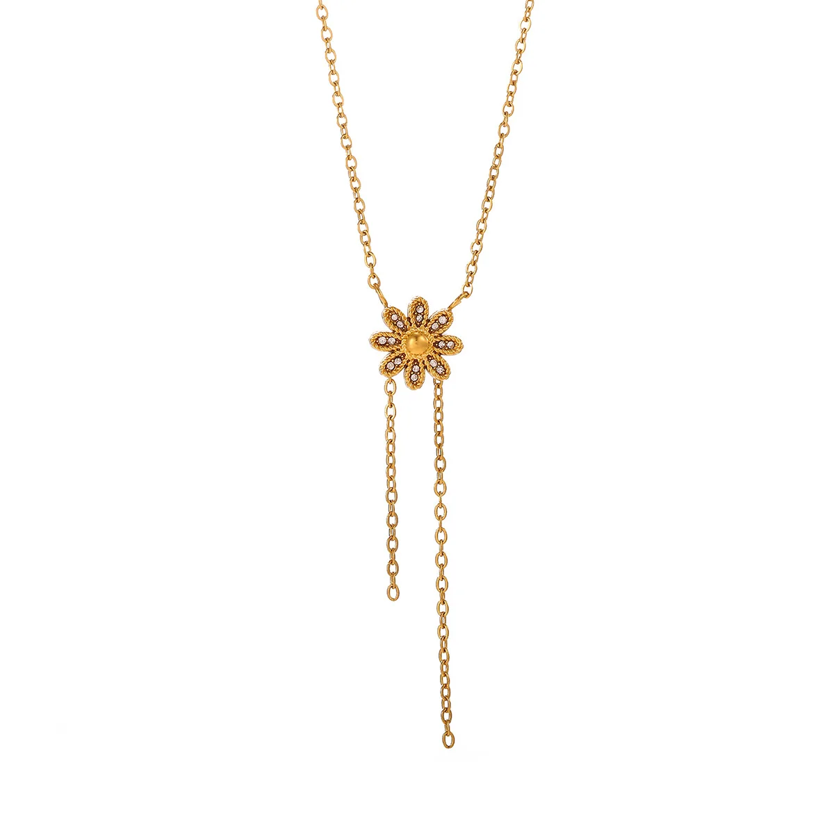 Luxury Zircon Daisy Flower Necklaces For Women Gold Color Stainless Steel Flower Y‑Drop Necklace Wedding Christmas Boho Jewelry photo 5