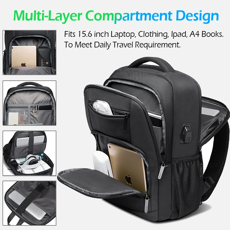 BANGE Lightweight 15.6 inch Laptop Backpack Waterproof USB Charge Port Multifunctional Travel Hiking School Bag Mochila for Men photo 3