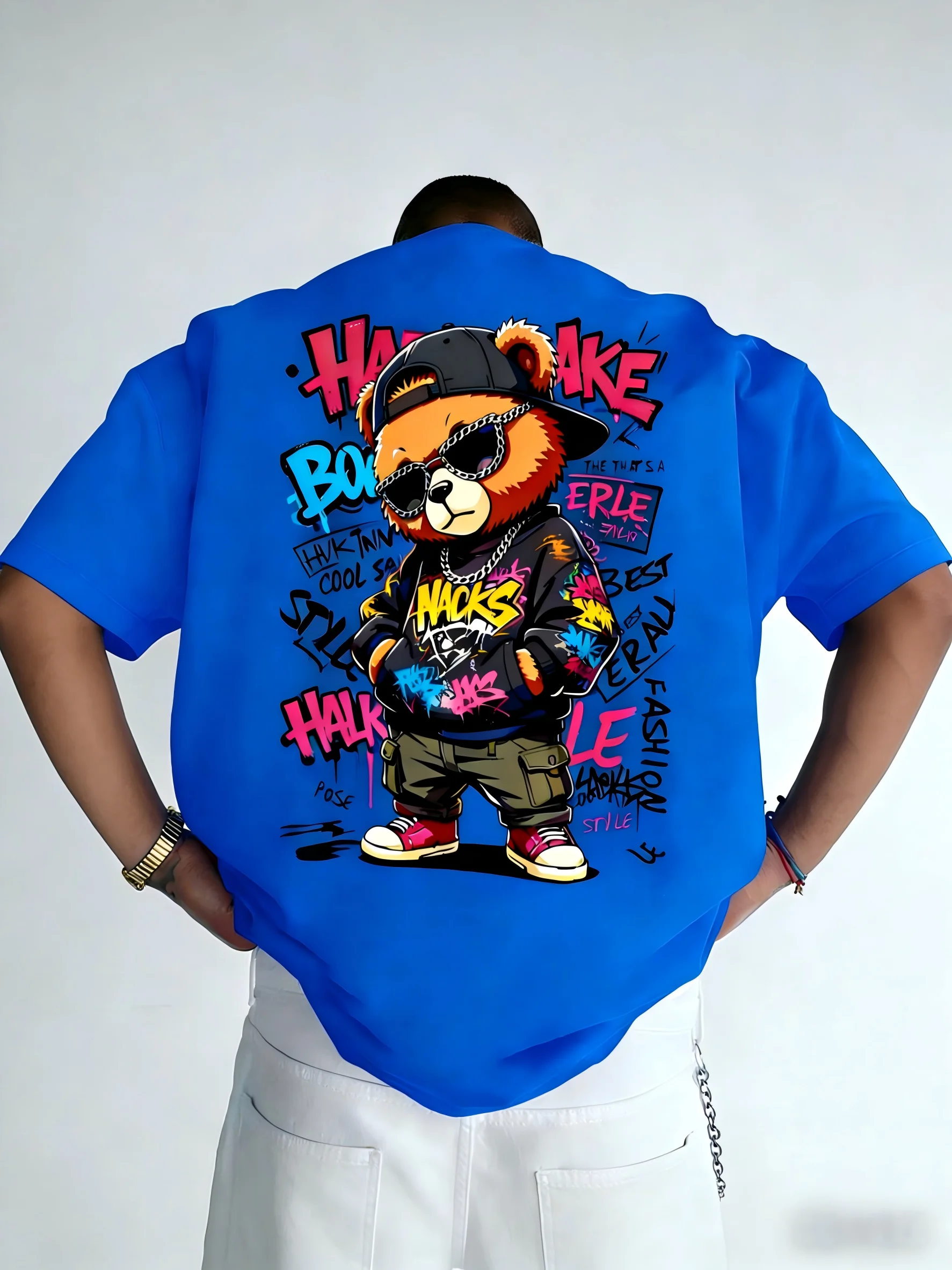 European and American Men's Summer Teddy Bear Graffiti Print Comfortable and Breathable Round Neck T-Shirt Outdoor Street Top photo 5