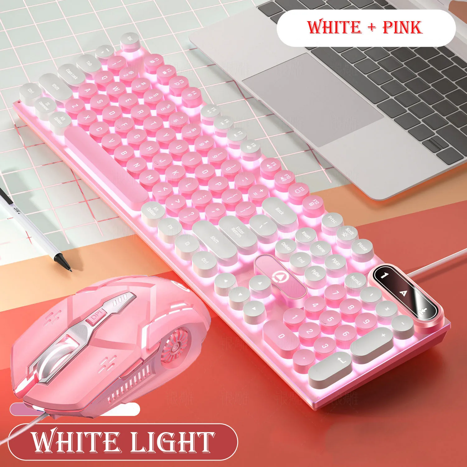 Pink Keyboard and Mouse Set 2 in 1 Combos Wired 104 Keys Pink Keyboard with LED Backlit and 1600DPI Mouse with RGB Backlit photo 4