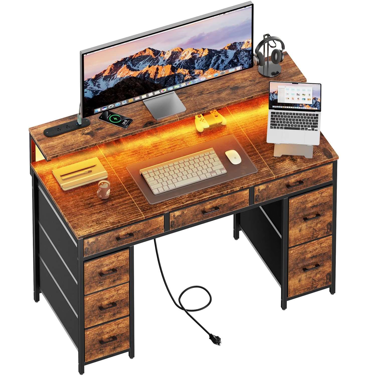 Computer Desk with 8 Storage Drawers, Adjustable Monitor Stand, Writing Desk with LED Lights & USB Power Outlets, Gaming Table photo 1