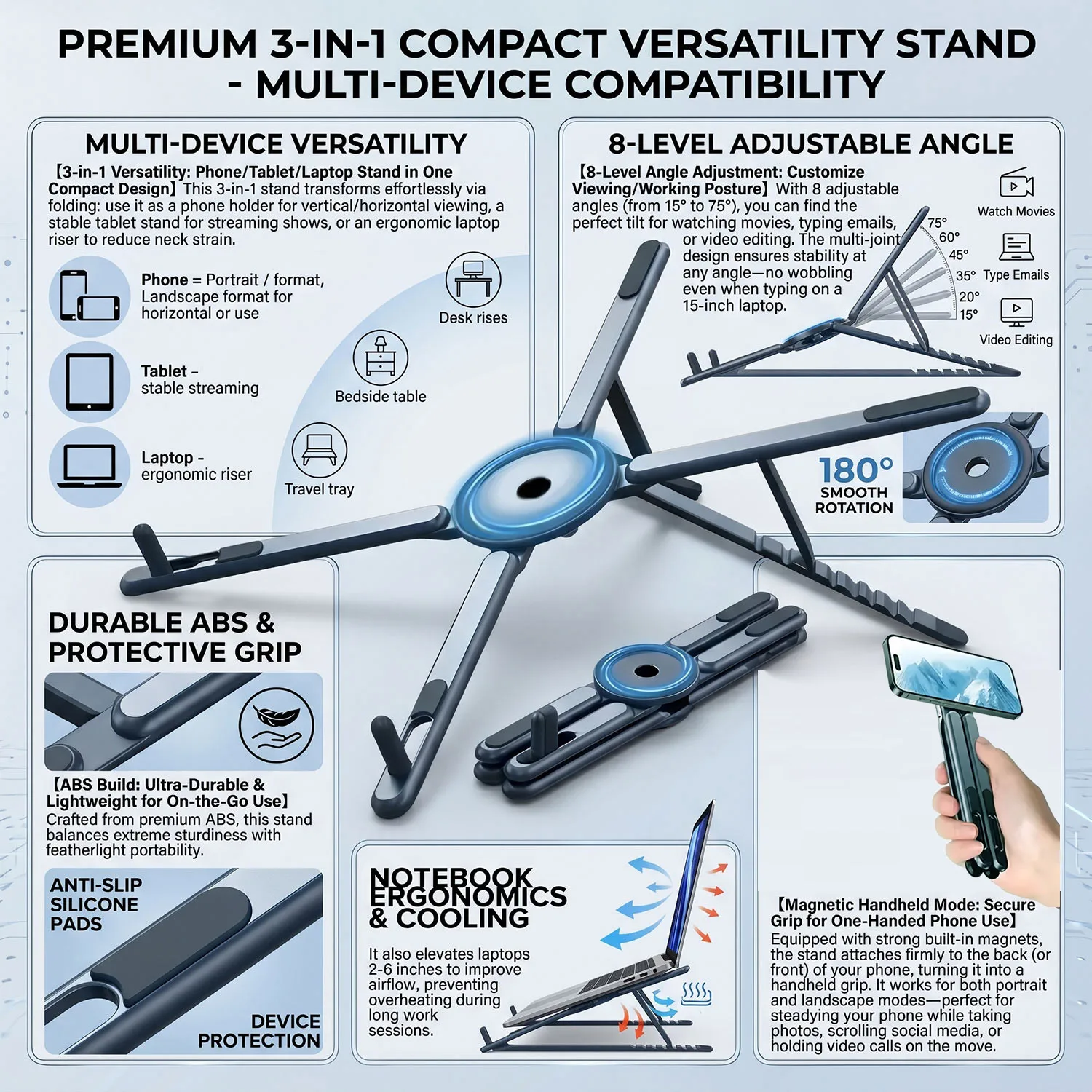 Foldable Magnetic Laptop Stand ABS Plastic Portable Adjustable Stand Heat Dissipation Holder for Smart Phone Tablet Notebook photo 3