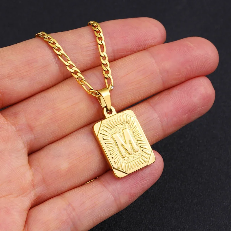 Initial Pendant Necklace for Women Simple Stainless Steel Cuba Link Charm Letter Square Necklace Men Jewelry Couple Gift photo 5