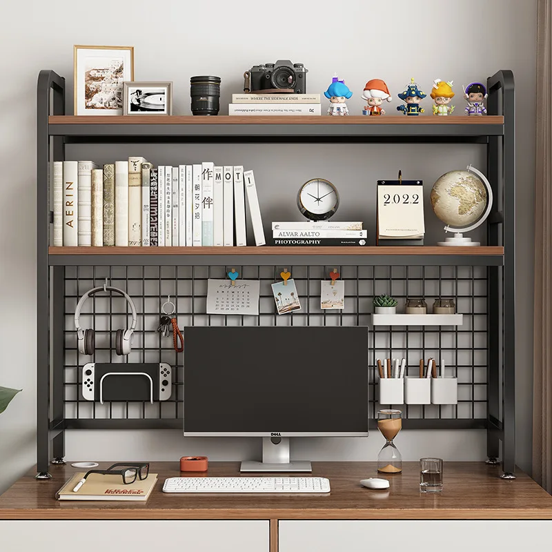 Bookshelf with Grid Desk Storage Shelf Desktop Multilayer Iron Shelf Student Computer Desk Cavity Plate Bookcase Table Rack photo 1