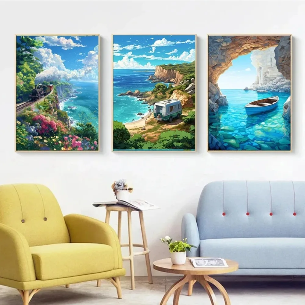 Sea Summer Landscape Bar Anime Wall Art Poster Blue Cabin Beach Forest Canvas Painting Print Picture Living Room Modern Decor photo 3
