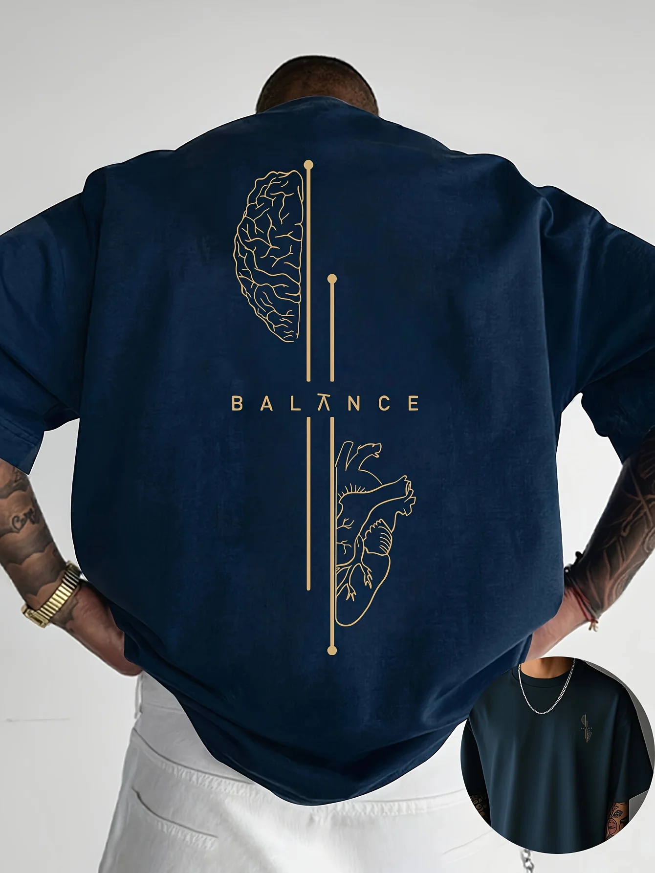 Brain and Heart Line Art Graphic Print 100% Cotton Mens T Shirt for Summer Streetwear Has A Sleek Minimalist Modern Aesthetic photo 5