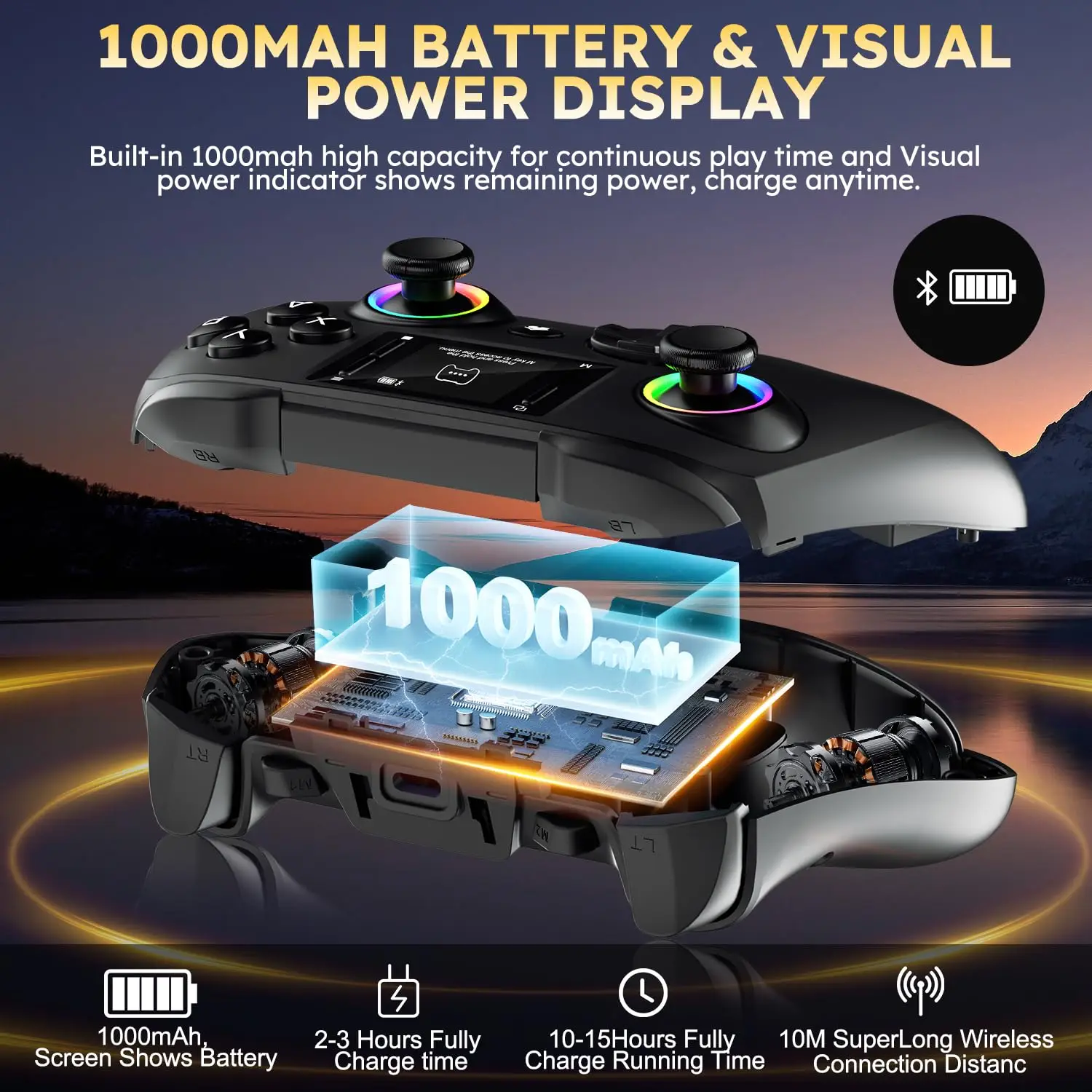 Wireless gaming controller with an interactive screen, compatible with PC, PS4, Switch, Android, and iOS devices. Features 4 programmable buttons, rapid-fire functionality, a 6-axis gyroscope, dual vibration feedback, and RGB lighting. photo 7