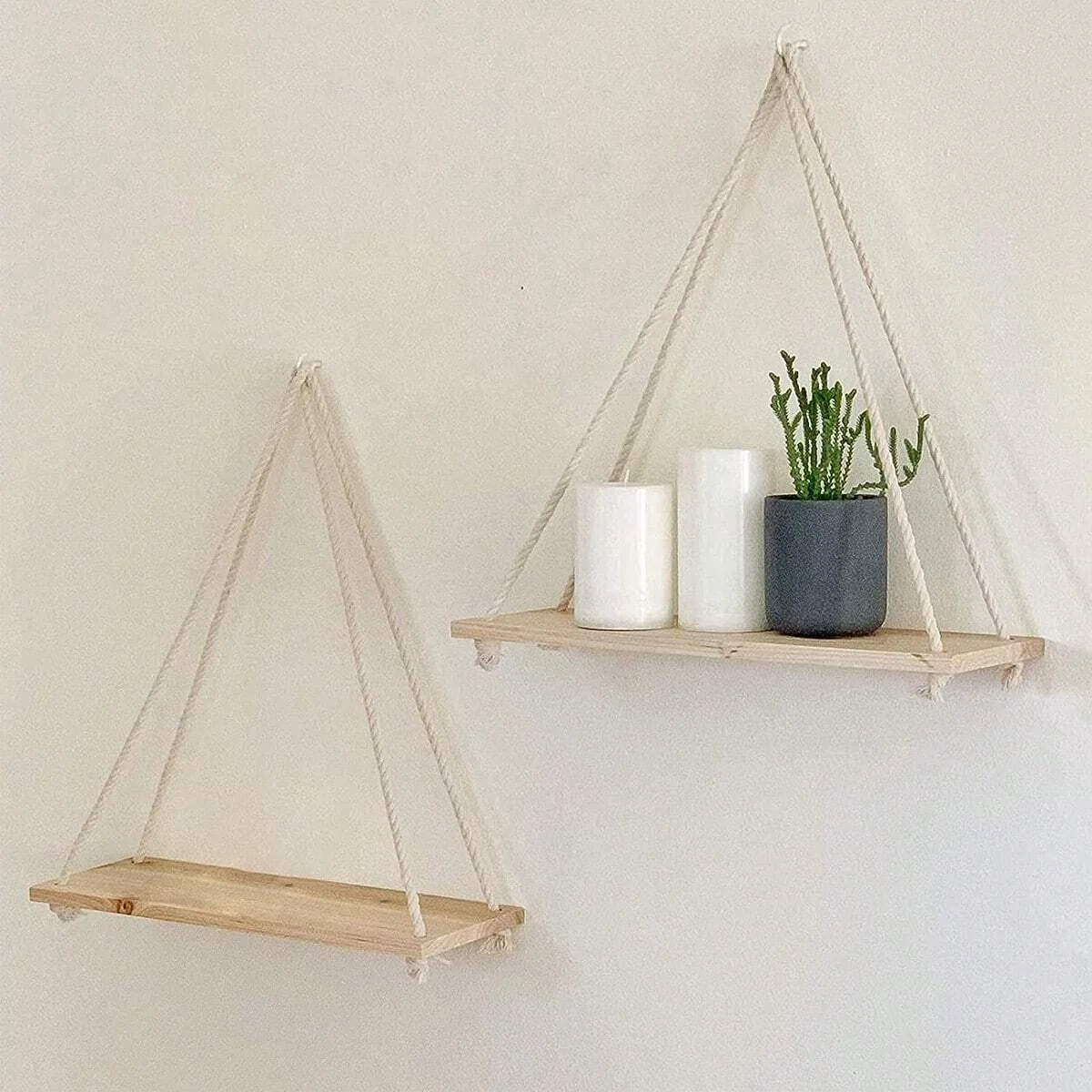 1PC Wooden Swing Hanging Hemp Rope Wall Shelve Mounted Floating Home Living Room Plant Flower Pot Tray Storage Garden Decoration photo 3