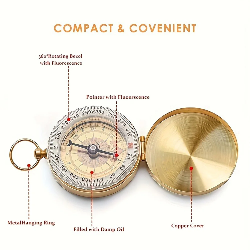 1U-1/2Pcs Brass Pocket Compass for Camping  Hiking Water-Resistant Handheld Navigation Device Outdoor Portable Orienteering Gear photo 2