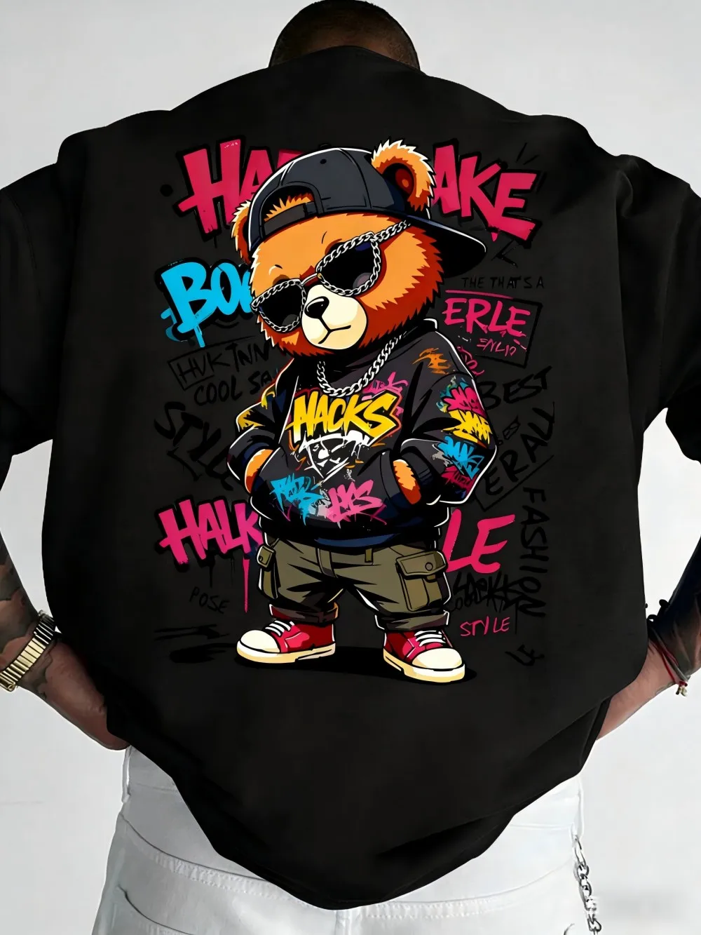 European and American Men's Summer Teddy Bear Graffiti Print Comfortable and Breathable Round Neck T-Shirt Outdoor Street Top photo 2