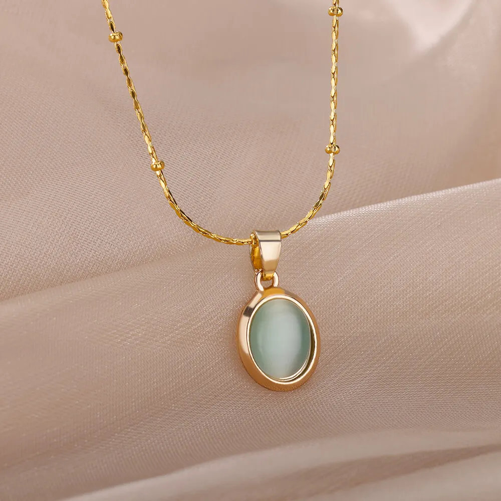 Fashion Stone Opal Oval Necklace for Women Stainless Steel Gold Color Oval Stone Pendant Necklace Wedding Aesthetic Jewelry Gift photo 5