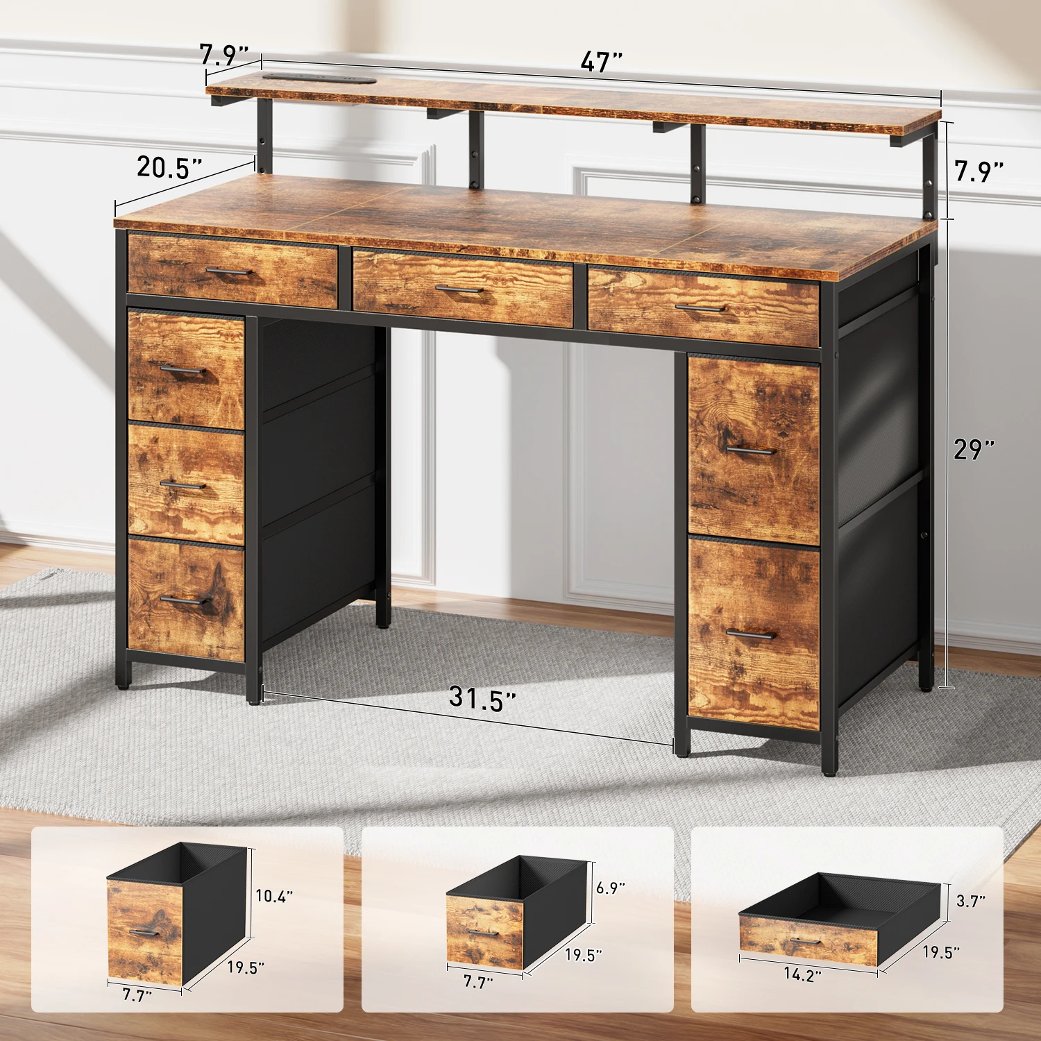 Computer Desk with 8 Storage Drawers, Adjustable Monitor Stand, Writing Desk with LED Lights & USB Power Outlets, Gaming Table photo 4