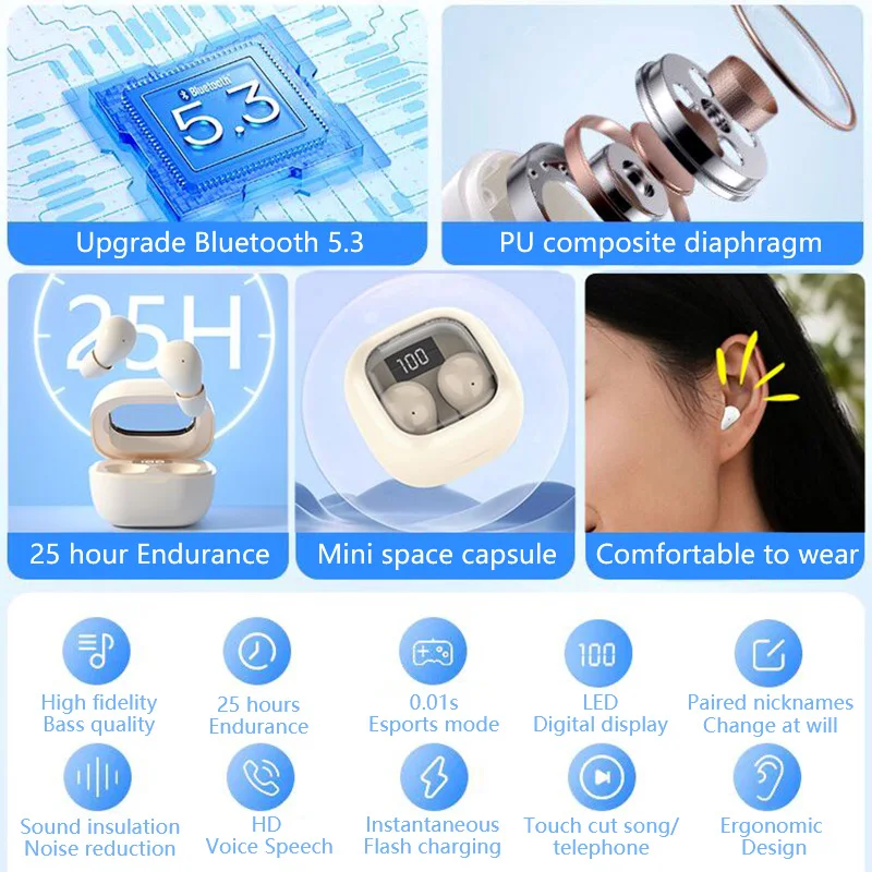 SK Small Headphones Wireless Bluetooth Headset Sport Sleeping Invisible Comfortable To Wear Bass Earbuds Earphone For All Phones photo 5