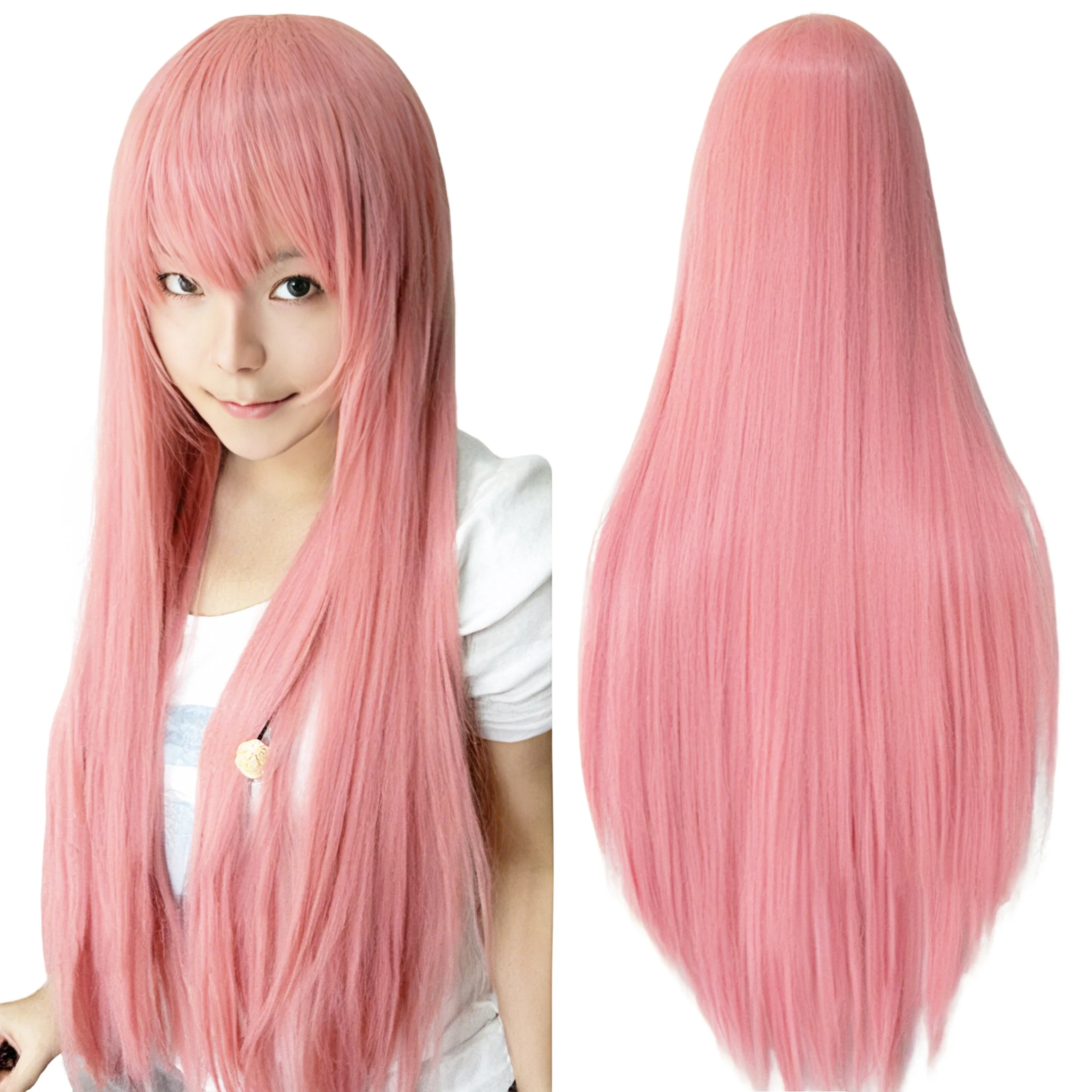 Synthetic Light Pink Long Wig for Anime Cosplay Megurine Luka Straight Momoi Satsuki Wig with Bangs photo 3