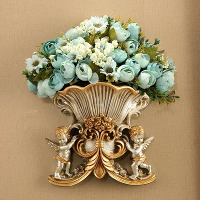European Wall Hanging Double Angel Vase+Artificial Flower Home Background Wall Mural Resin Crafts Decoration Wall Ornament Decor photo 3