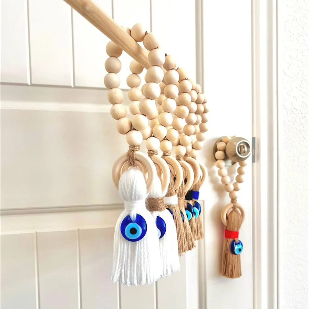 Wooden Guardian Amulet Tassel with Glass Evil Eye Bead Door-Knob Handle Hanging Modern Home Aesthetic Décor Home Decor Gift photo 2