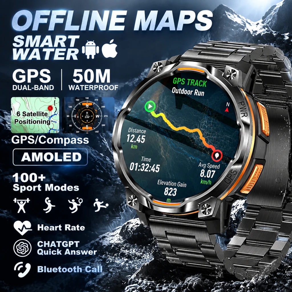 Men Outdoor GPS Smartwatch Offline Map 107 Sport Modes 1200mAh Battery BT Call Heart Rate BP SpO2 Fitness Sports Wrist Watch photo 1