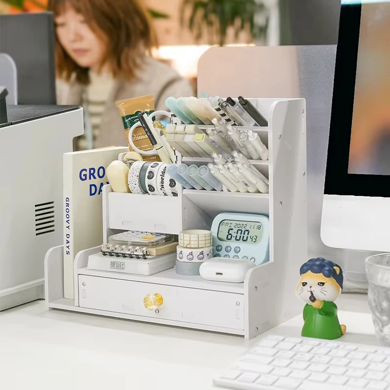 Mark Pen Pencil Holder Wooden Desk Organizers Shelves Accessories Desktop Stationery Organizer Bookshelf Home Office Storage Box photo 3