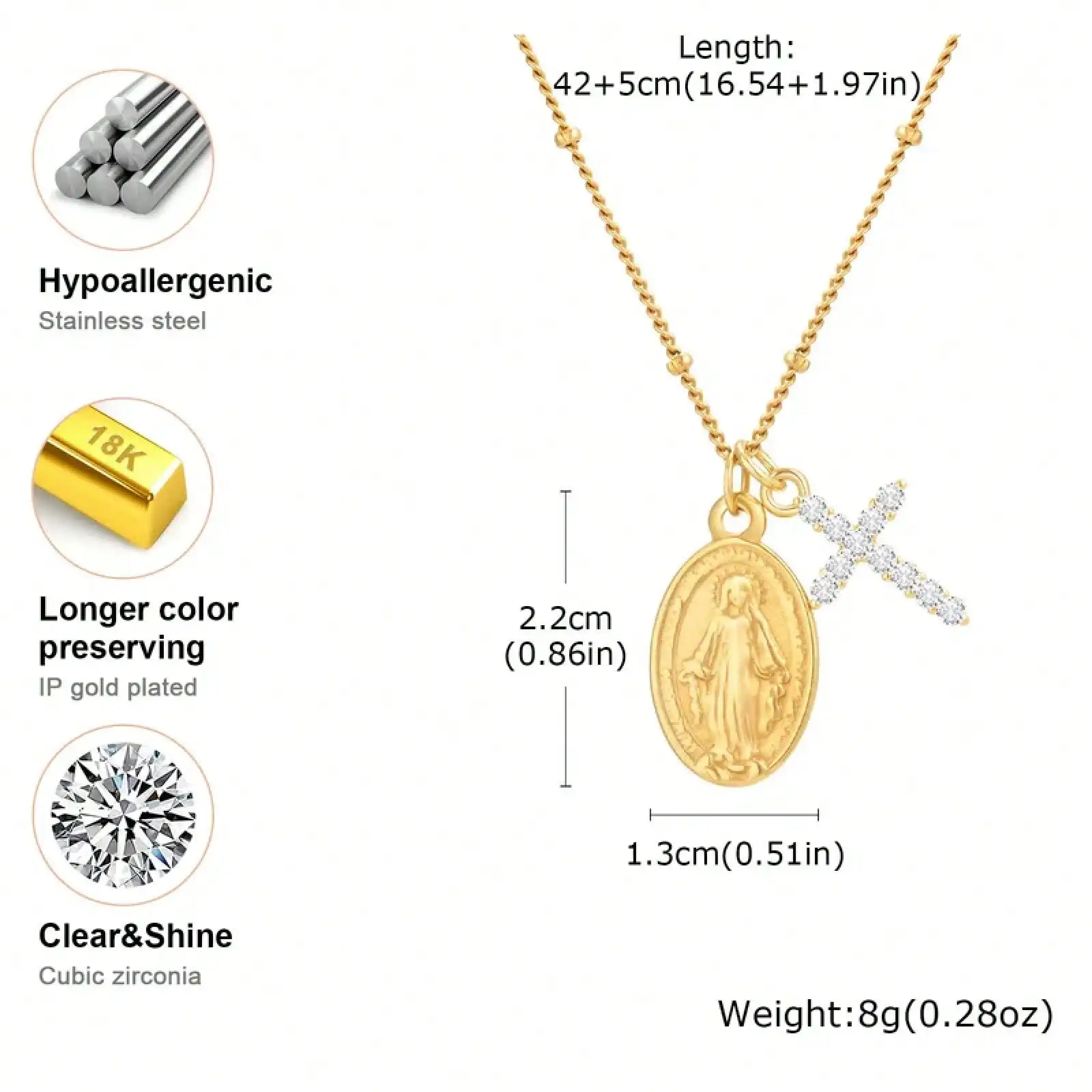Cross Virgin Mary Pendant Necklace For Women,Stainless Steel Gold Plated Bead Chain Necklace, Religious Prayer Jewelry photo 6