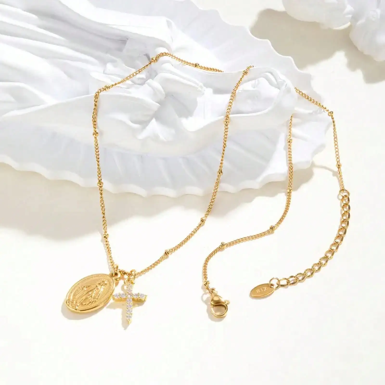 Cross Virgin Mary Pendant Necklace For Women,Stainless Steel Gold Plated Bead Chain Necklace, Religious Prayer Jewelry photo 4